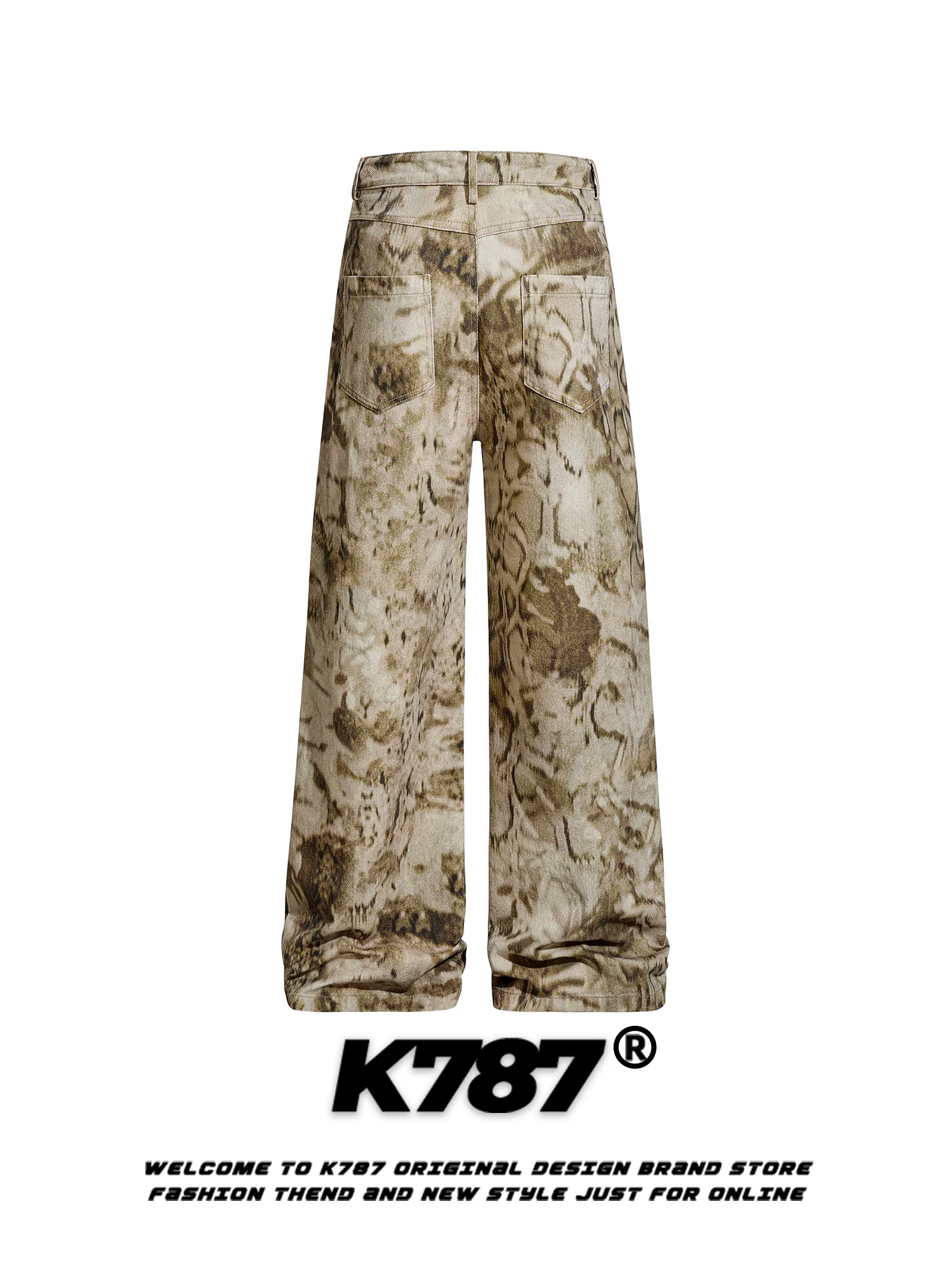 Quần âu kiểu Mỹ cổ điển họa tiết da rắn K787, unisex, cạp cao, dáng rộng, thời trang đường phố, ống rộng, dài chấm đất