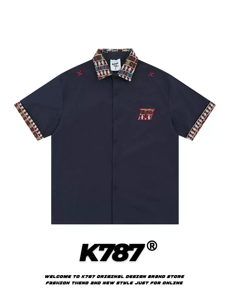 Áo sơ mi ngắn tay thêu cổ điển kiểu Mỹ K787 dành cho nam và nữ, áo cardigan nửa tay phong cách dân tộc đường phố, kiểu ghép mảnh, mặc mùa hè
