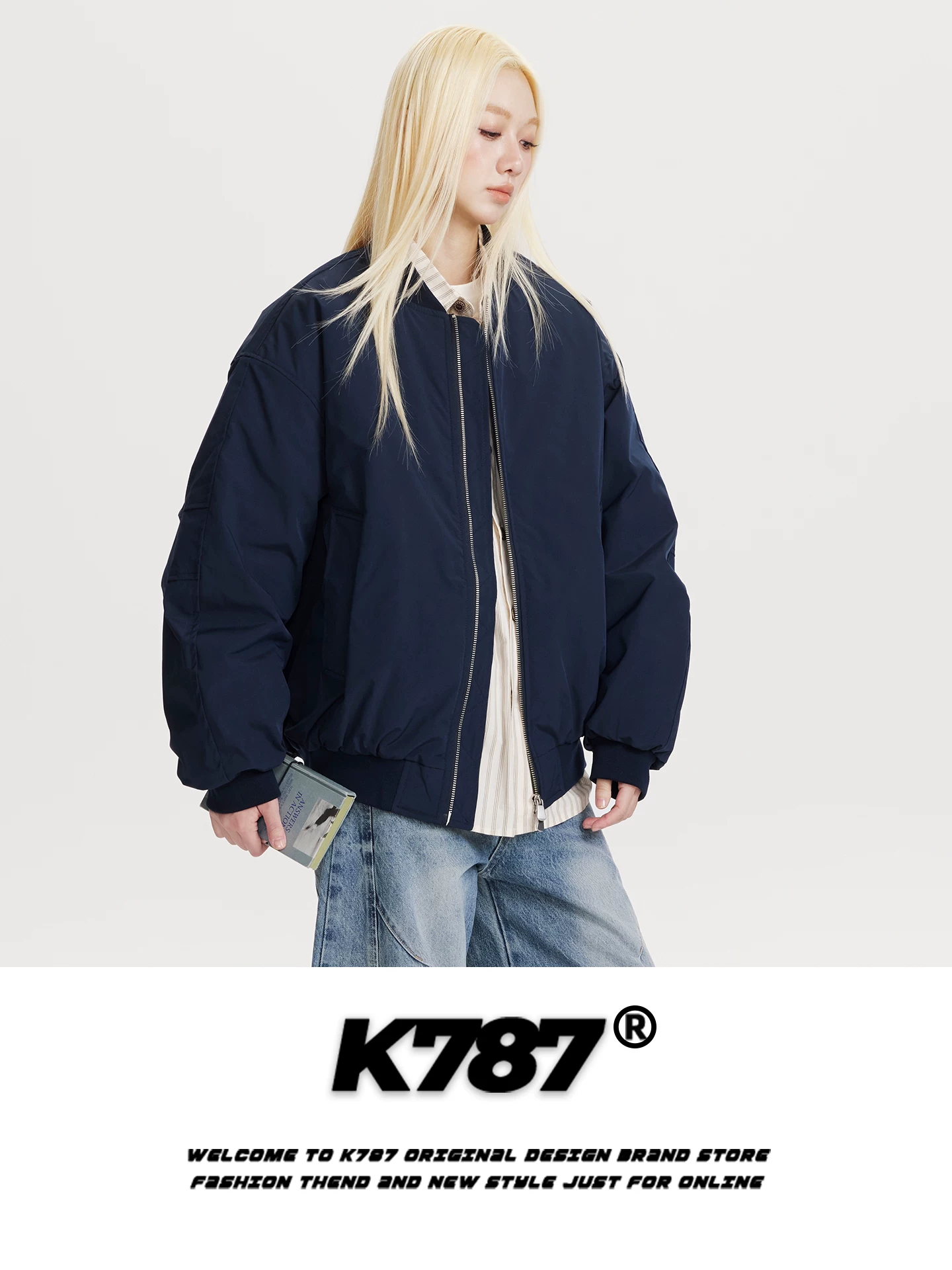 Áo khoác bomber màu trơn kiểu Mỹ cổ điển K787 chất liệu cotton, unisex, dáng rộng, thời trang, thương hiệu nổi tiếng, màu hồng ấm áp, áo đôi mùa đông