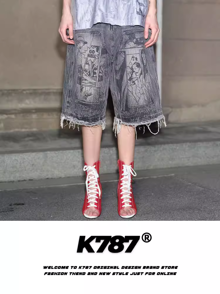 K787 Quần short kiểu Mỹ cổ điển in họa tiết vui nhộn theo xu hướng quốc gia quần short unisex đường phố thiết kế lưng cao quần crop đa năng