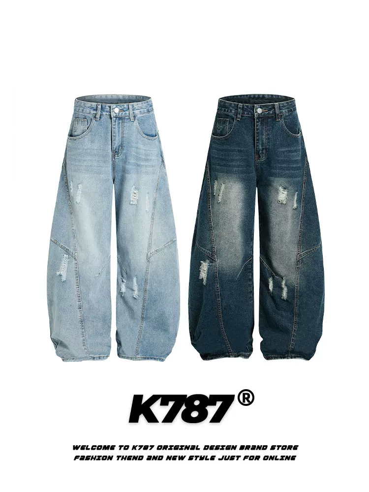 Quần jeans kiểu Mỹ cổ điển rách K787 dành cho nam và nữ, đã qua xử lý làm cũ và tạo hiệu ứng rách, dáng rộng thùng thình, ống rộng.