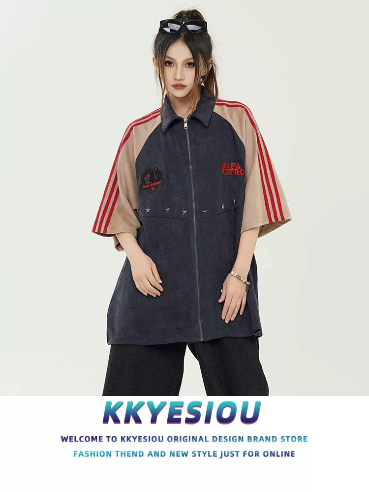 Áo sơ mi ngắn tay kiểu dáng thương hiệu KKyesiou thời thượng, tay raglan ba sọc, unisex, phong cách hip-hop, kiểu học sinh, có khóa kéo