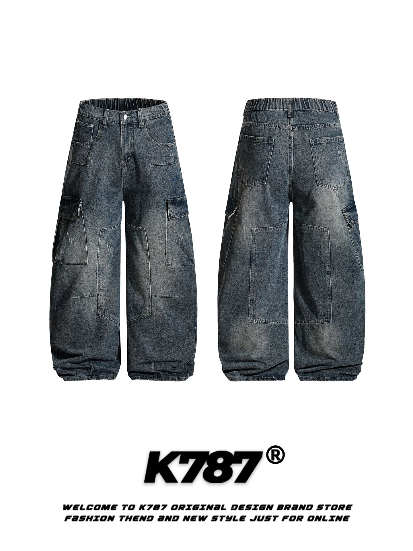 Quần jeans K787 kiểu Mỹ cổ điển, nhiều túi, thiết kế phá cách dành cho nam và nữ, dáng rộng, phong cách casual, rách, dài chấm đất, ống rộng kiểu kiếm.