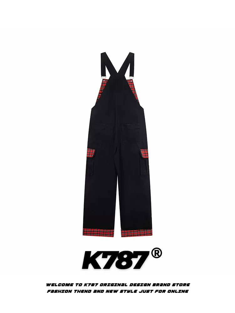 K787 Quần yếm denim thêu kẻ sọc cổ điển kiểu Mỹ dành cho nam và nữ, phong cách đường phố, dáng rộng, thoải mái, quần ống rộng thẳng