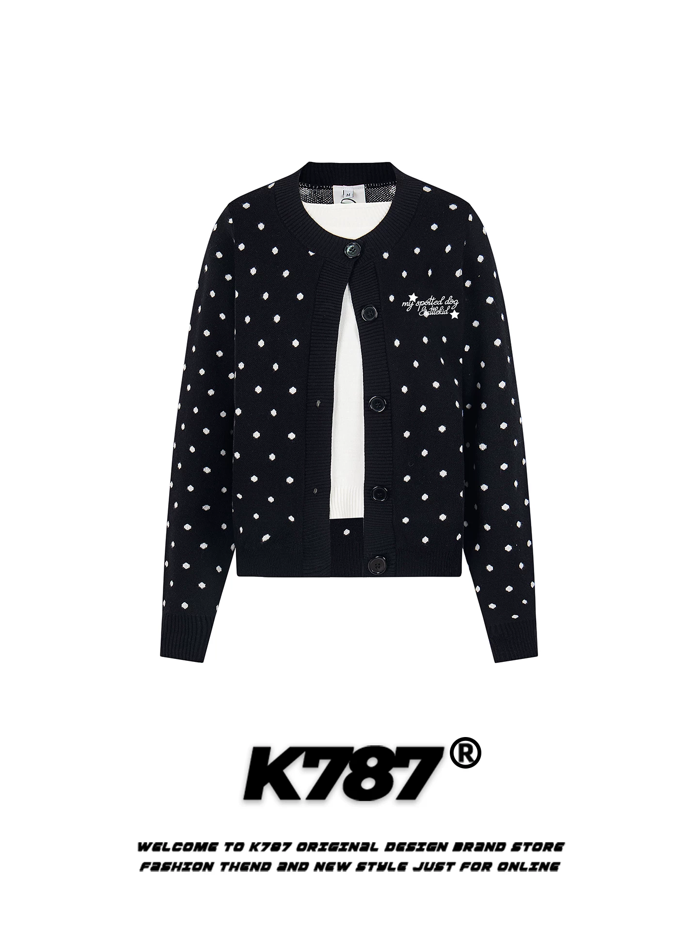 Áo cardigan len nữ kiểu Mỹ cổ tròn chấm bi giả hai lớp K787, có thêu, ấm áp và tôn dáng, kiểu dáng ngắn.