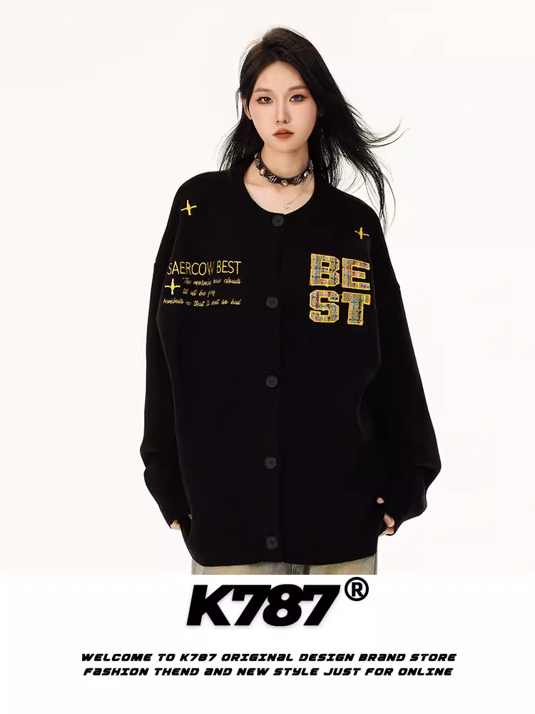 Áo cardigan dệt kim phong cách retro Mỹ K787 thêu chữ, kiểu dáng lười, unisex, áo len cặp đôi cổ điển, áo khoác phong cách ins