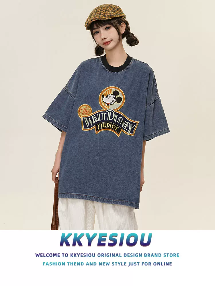 Áo thun ngắn tay thêu hình chuột thương hiệu KKyesiou hợp thời trang dành cho nam và nữ áo denim oversize đa năng dành cho cặp đôi