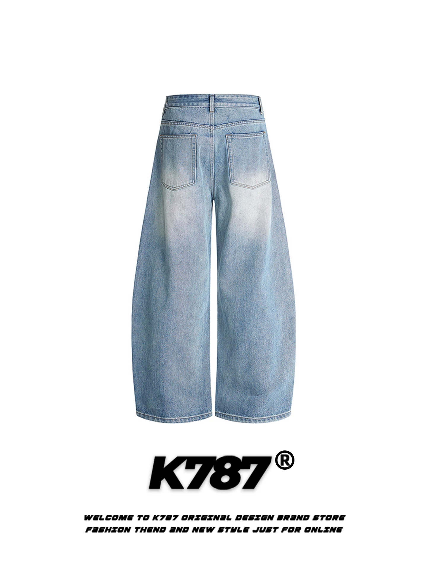 Quần jeans denim kiểu Mỹ cổ điển K787, dáng rộng, cạp cao, ống rộng, đường may lộ, phong cách đường phố, dành cho nam và nữ