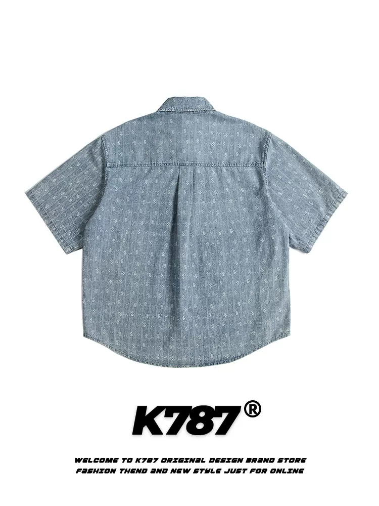 K787 Áo sơ mi ngắn tay jacquard sọc theo xu hướng cổ điển của Mỹ dành cho nam và nữ, áo cardigan nửa tay denim cổ điển đã giặt rộng rãi