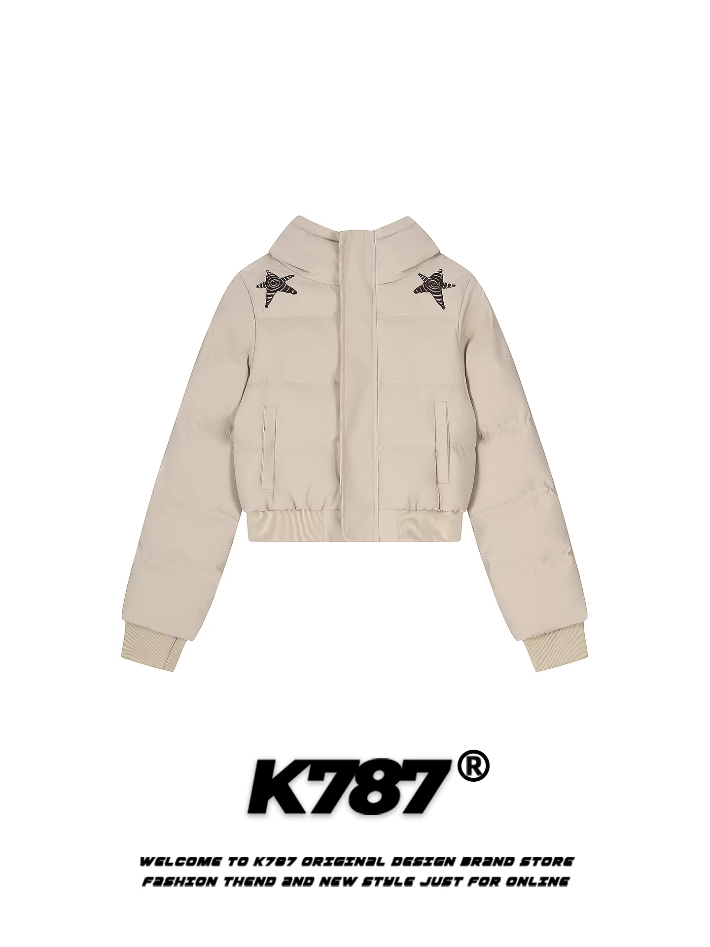 Áo khoác cotton có mũ trùm đầu thêu hình ngôi sao cổ điển kiểu Mỹ K787 dành cho nữ, áo khoác cotton ngắn dày dặn ấm áp phong cách đại học mùa đông.