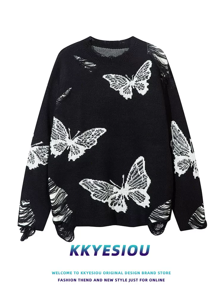 Áo len dệt kim vintage kiểu dáng rộng rãi, họa tiết bướm tua rua, chất liệu jacquard, unisex, dành cho cặp đôi, thương hiệu KKyesiou.