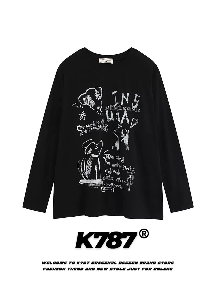 K787 Áo thun họa tiết graffiti phong cách retro quốc gia của Mỹ dành cho nữ, phong cách đường phố đa năng phong cách lười biếng áo mùa xuân