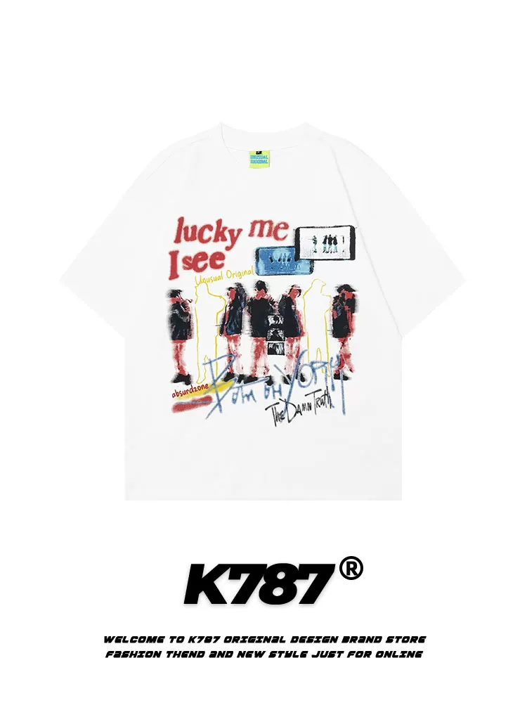K787 Áo thun ngắn tay in họa tiết hip-hop cổ điển kiểu Mỹ dành cho nam và nữ oversize cặp đôi hạng nặng chất liệu cotton nguyên chất