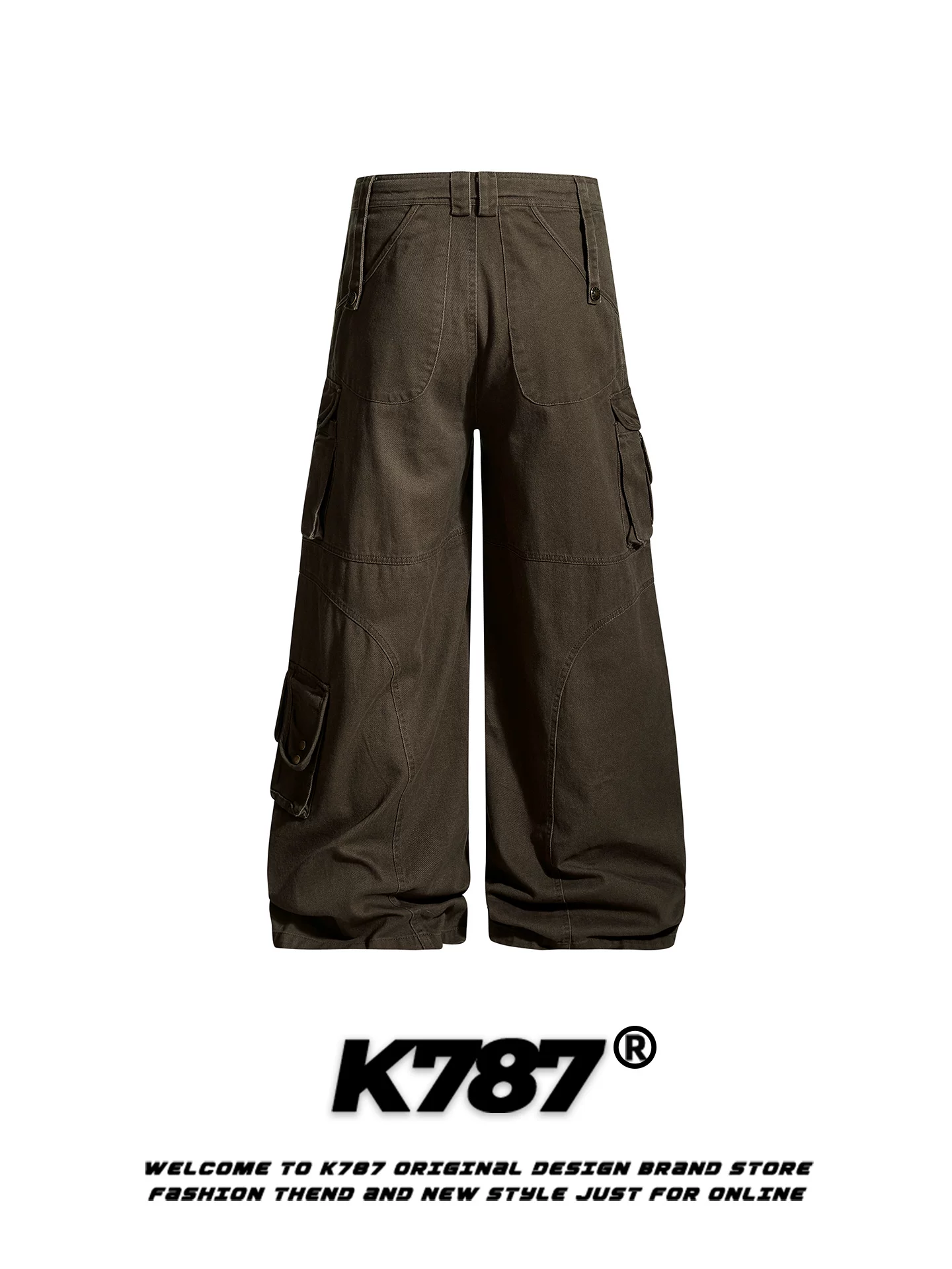 Quần cargo nhiều túi kiểu Mỹ cổ điển K787, unisex, dáng thẳng, chất liệu casual, cạp cao, phối dây, ống rộng, thoải mái