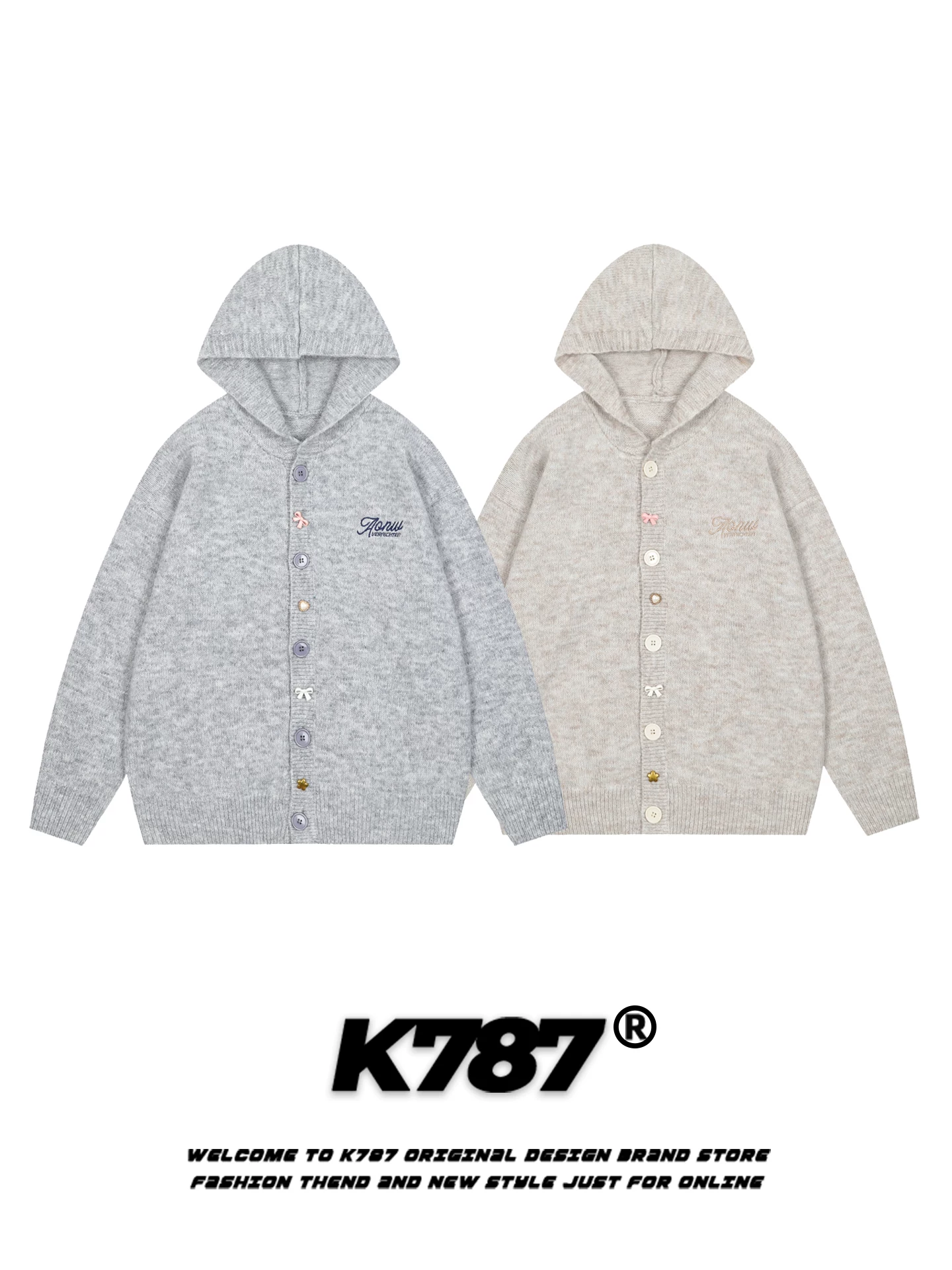 Áo khoác cardigan có mũ thêu chữ kiểu Mỹ cổ điển K787 dành cho nữ, kiểu dáng rộng rãi và thoải mái, mùa thu đông, màu xám, chất liệu len dệt kim
