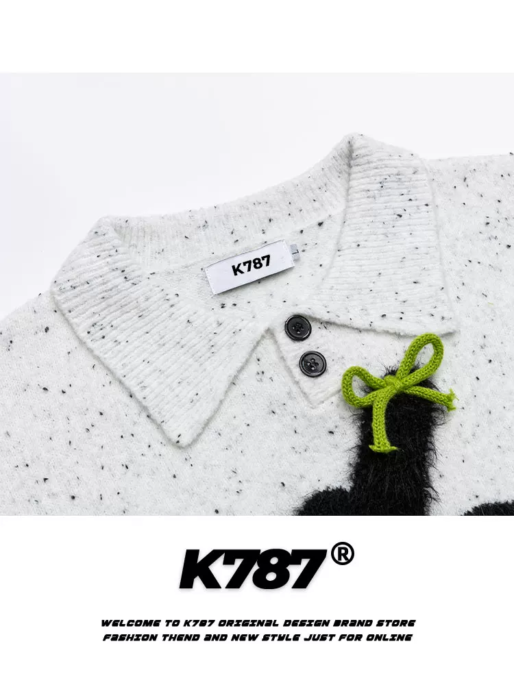 K787 Áo len cổ POLO màu xám cổ điển của Mỹ dành cho nam và nữ, phong cách preppy thêu thỏ đổ xô áo len phong cách lười biếng