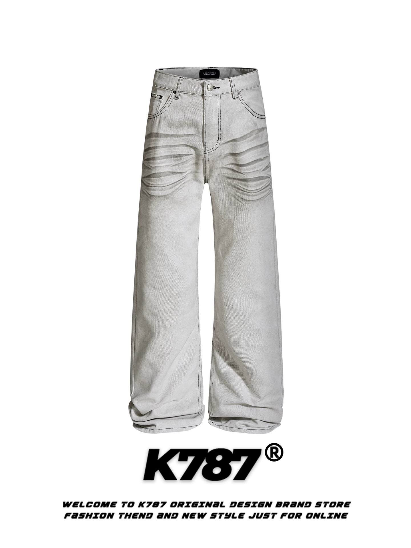 Quần jeans K787 kiểu Mỹ cổ điển, xước rách, dành cho nam và nữ, nhuộm màu cũ kỹ, dáng rộng, xu hướng thời trang, chất liệu nhăn, ống thẳng, ống rộng