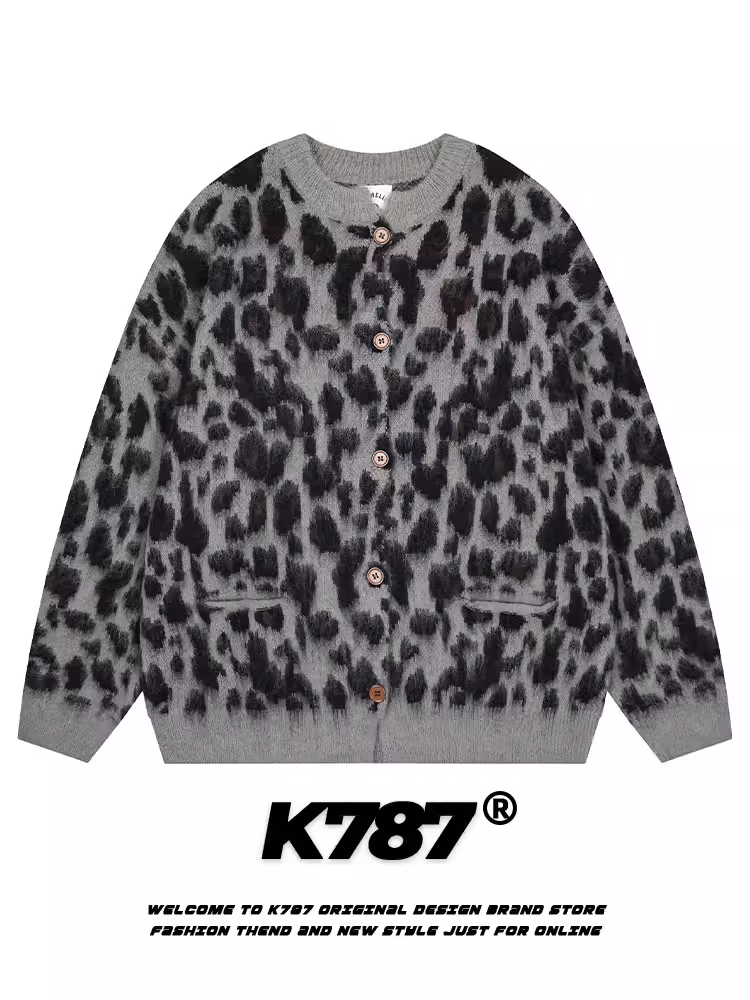 Áo len dệt kim unisex mùa đông kiểu dáng lười biếng họa tiết da báo retro Mỹ K787 chất liệu mohair dành cho cặp đôi