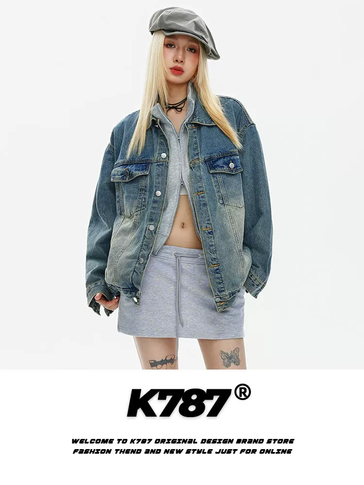 K787 Áo khoác denim màu sáng theo phong cách Mỹ, có màu vàng đất, áo khoác bóng chày kiểu cổ điển dành cho cặp đôi theo phong cách đại học