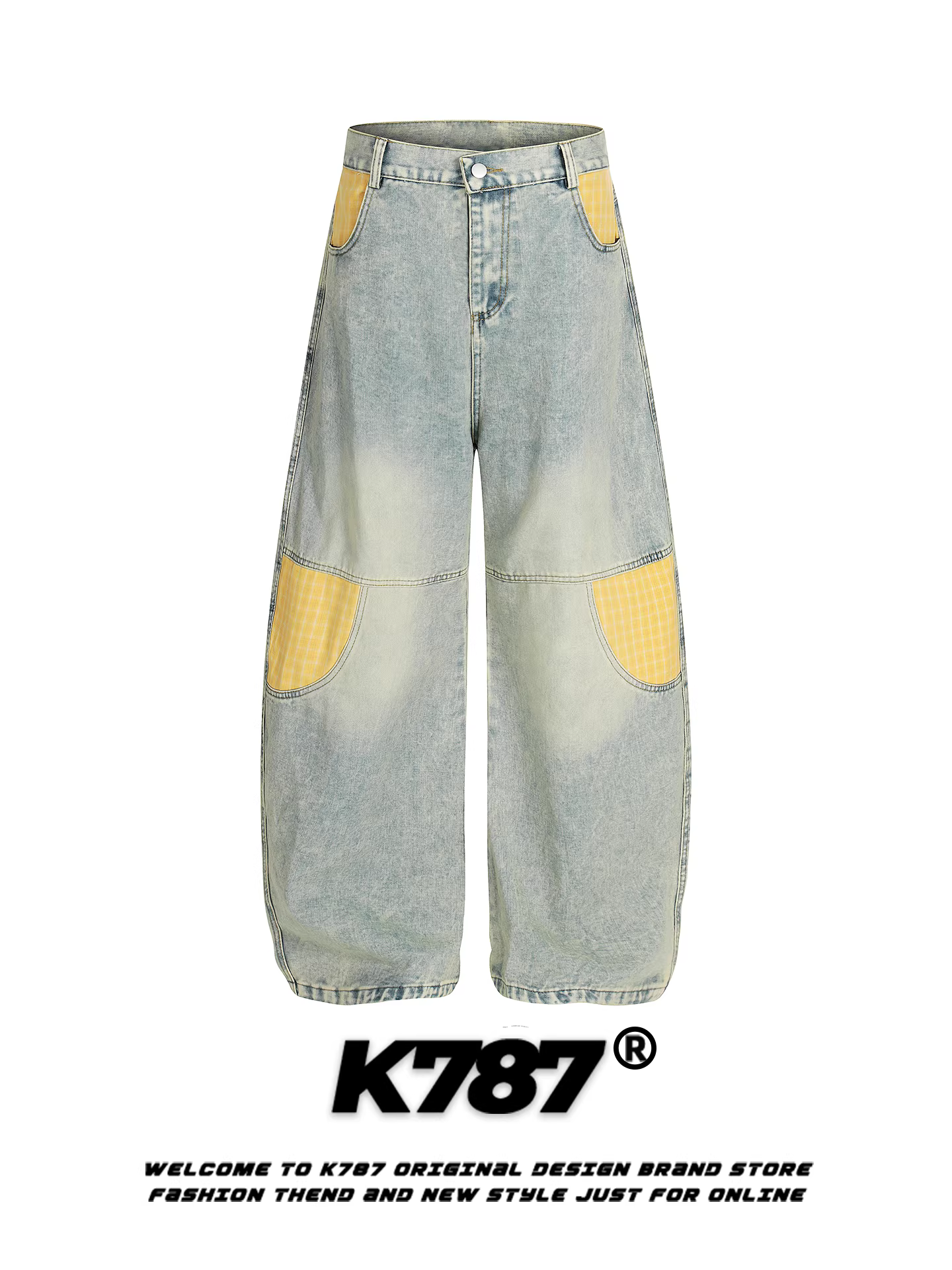 Quần jeans dáng rộng unisex K787 phong cách đường phố Mỹ, phối vải caro, thêu, kiểu dáng vintage, cạp cao, chất liệu denim đã qua xử lý, phong cách casual.