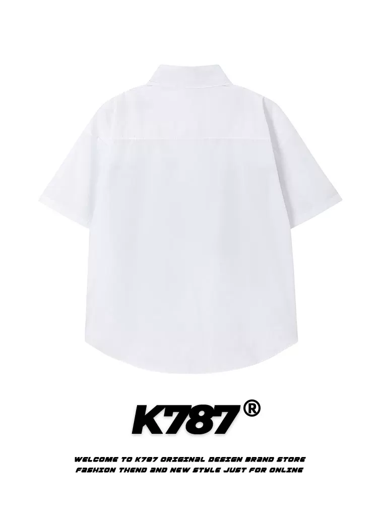 K787 Áo sơ mi ngắn tay kiểu cổ điển và giản dị của Mỹ dành cho nam và nữ có sọc hình voi và thỏ, áo cardigan nửa tay phong cách đại học.
