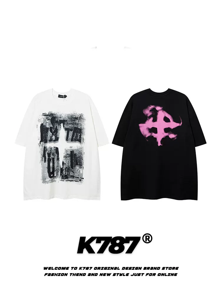 K787 Áo thun ngắn tay phong cách hip-hop retro Mỹ dành cho nam và nữ áo thun dáng rộng dáng rộng thông thường