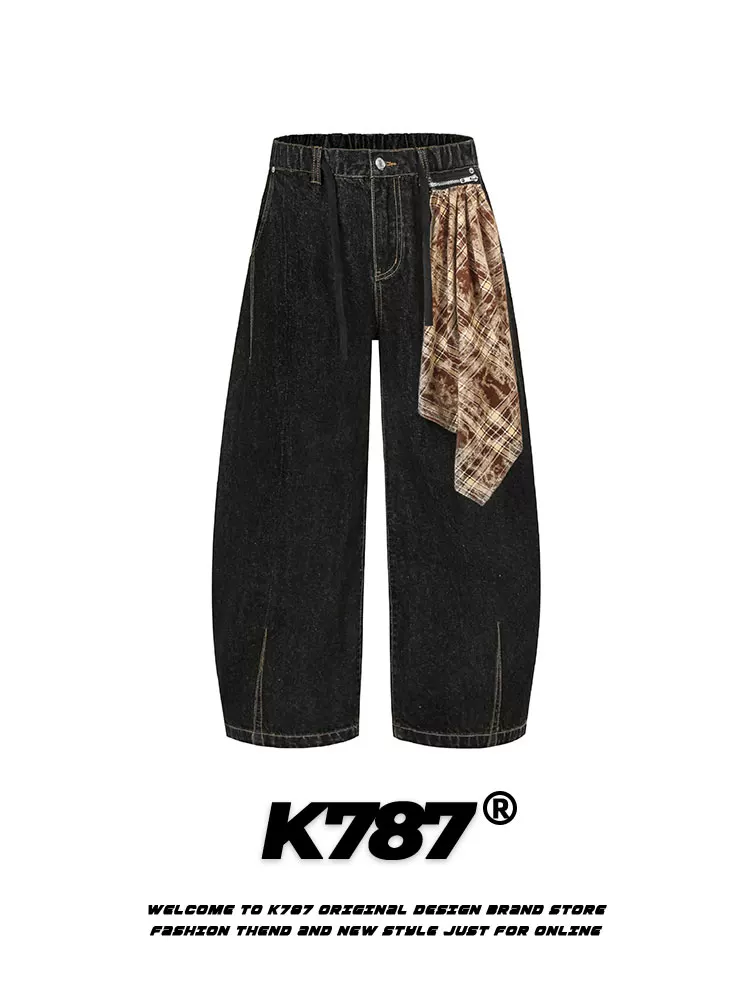 K787 Quần jean kẻ sọc cổ điển kiểu Mỹ chắp vá unisex oversize niche quần ống thẳng thông thường hợp thời trang