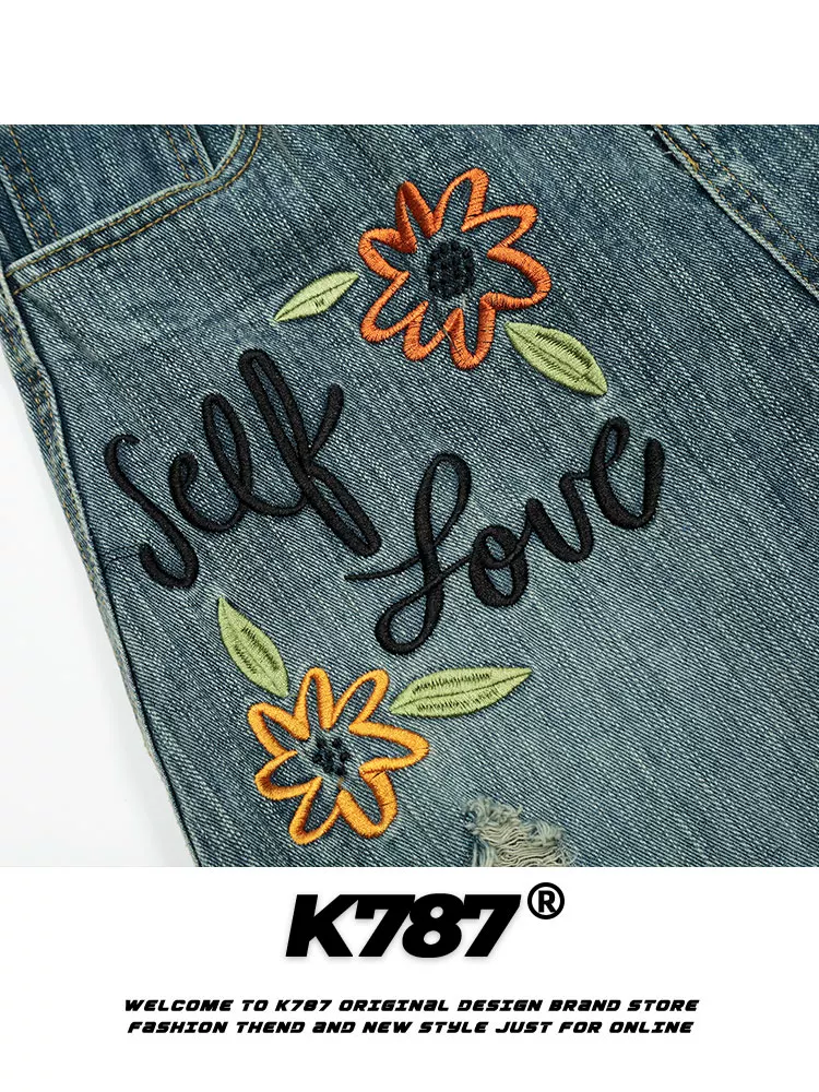 Quần jeans denim thêu hoa kiểu Mỹ K787, chất liệu denim xước, dáng rộng ống đứng, dài, dành cho nam và nữ
