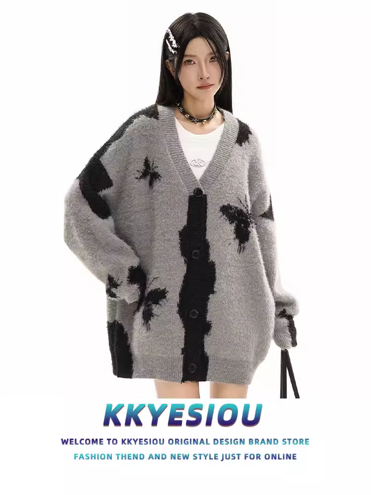 Áo len dệt kim kiểu dáng lười biếng phong cách retro Mỹ của thương hiệu KKyesiou, unisex, kiểu vintage, áo cardigan đôi.