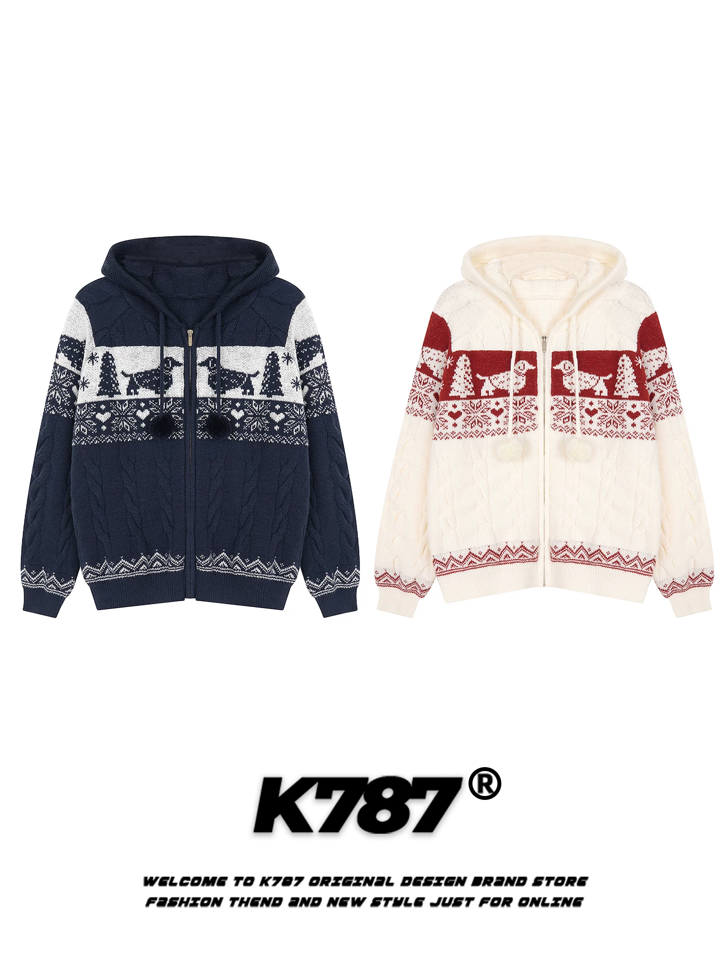 Áo len cardigan có mũ trùm đầu kiểu Mỹ cổ điển K787, họa tiết Fair Isle, dành cho nam và nữ, áo khoác dệt kim giữ ấm mùa thu đông cho cặp đôi