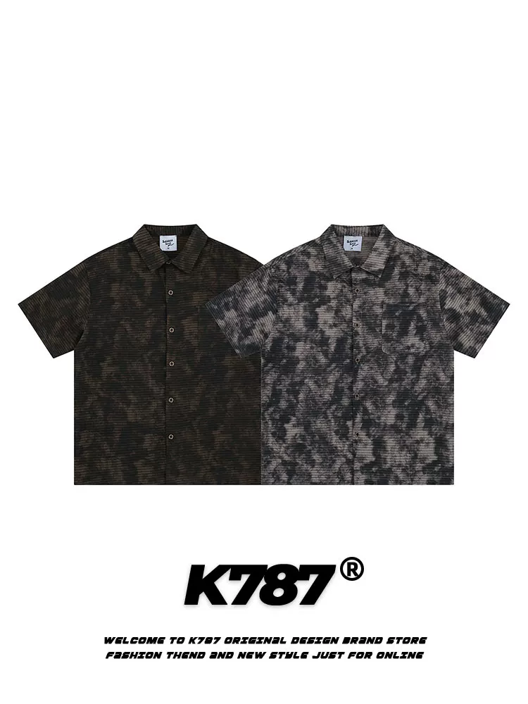 Áo sơ mi ngắn tay unisex phong cách retro Mỹ K787, họa tiết tie-dye, phong cách tiền cổ điển, xu hướng quốc dân, đa năng, mùa hè 2025, kiểu cardigan nửa tay