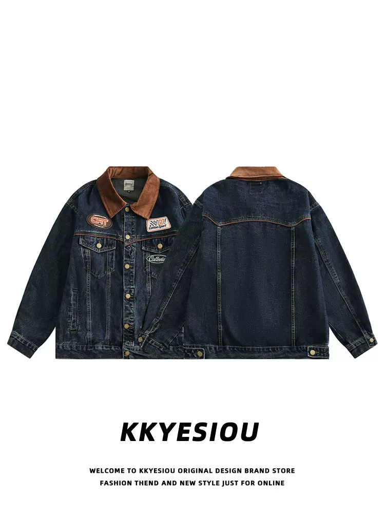 Áo khoác denim phối màu phong cách retro Mỹ của KKyesiou dành cho nam và nữ, áo khoác đôi thêu vintage