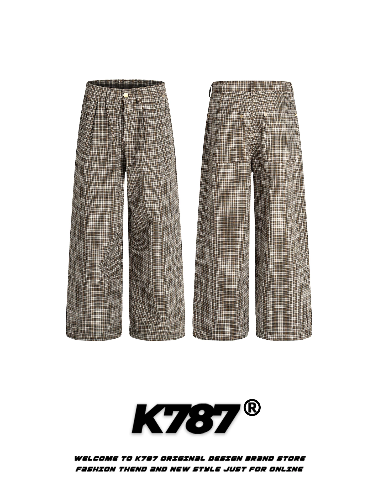 K787 Quần âu kiểu houndstooth cổ điển của Mỹ dành cho nam và nữ, dáng rộng, tôn dáng, thương hiệu thời thượng, phong cách tiền cổ, quần ống rộng dáng thẳng thông thường