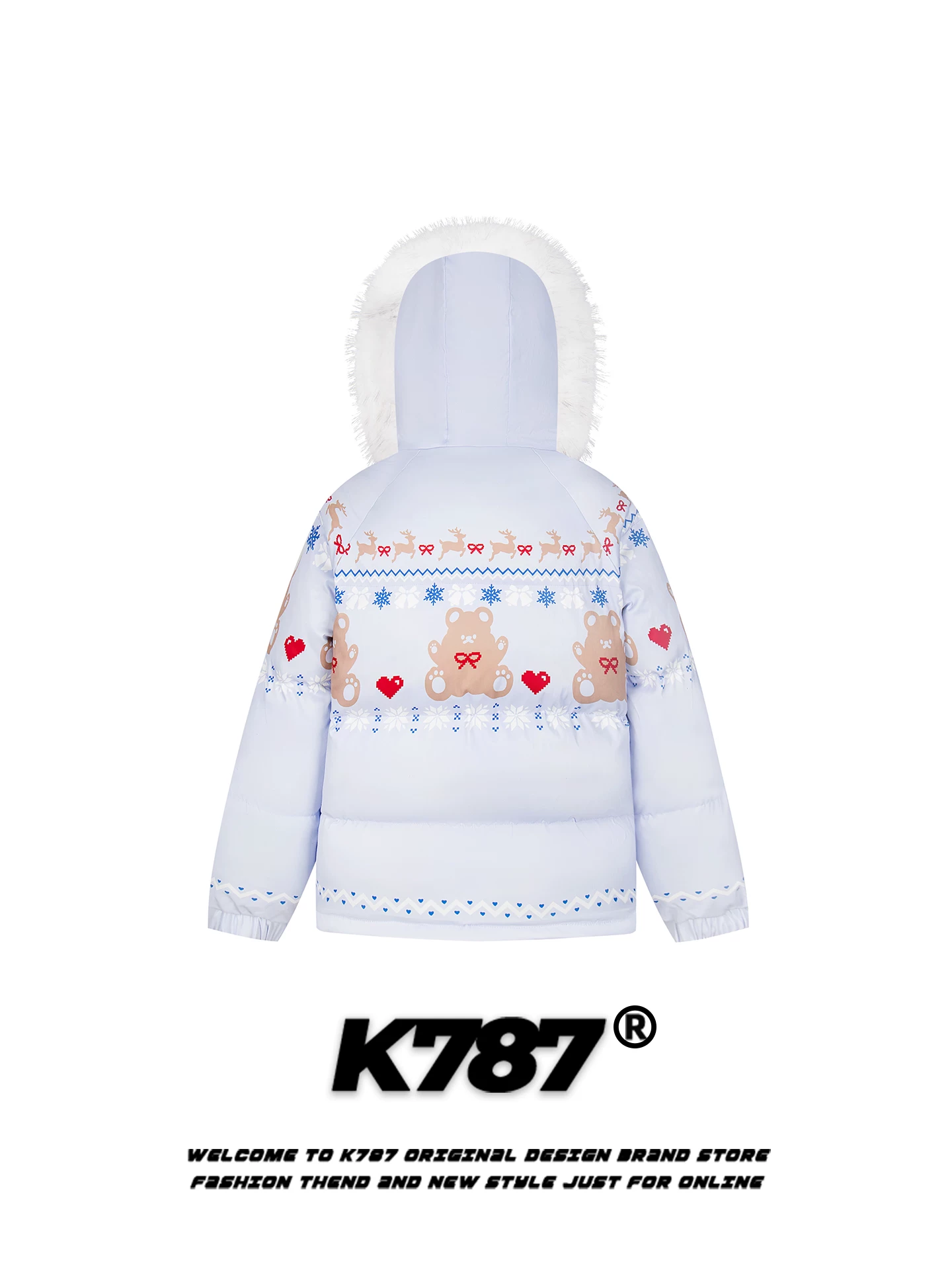 K787 Áo khoác cotton có mũ trùm đầu cổ lông gấu hoạt hình cổ điển của Mỹ dành cho nam và nữ, áo khoác cotton màu hồng dày dặn, rộng rãi, ấm áp