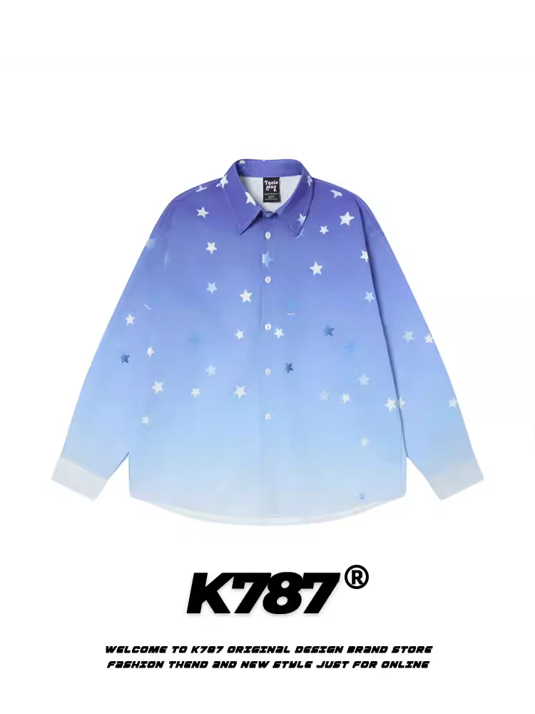 Áo sơ mi dài tay in họa tiết sao phối màu phong cách đường phố Mỹ K787 dành cho nam và nữ, kiểu dáng năng động mùa thu 2025, áo khoác cặp đôi