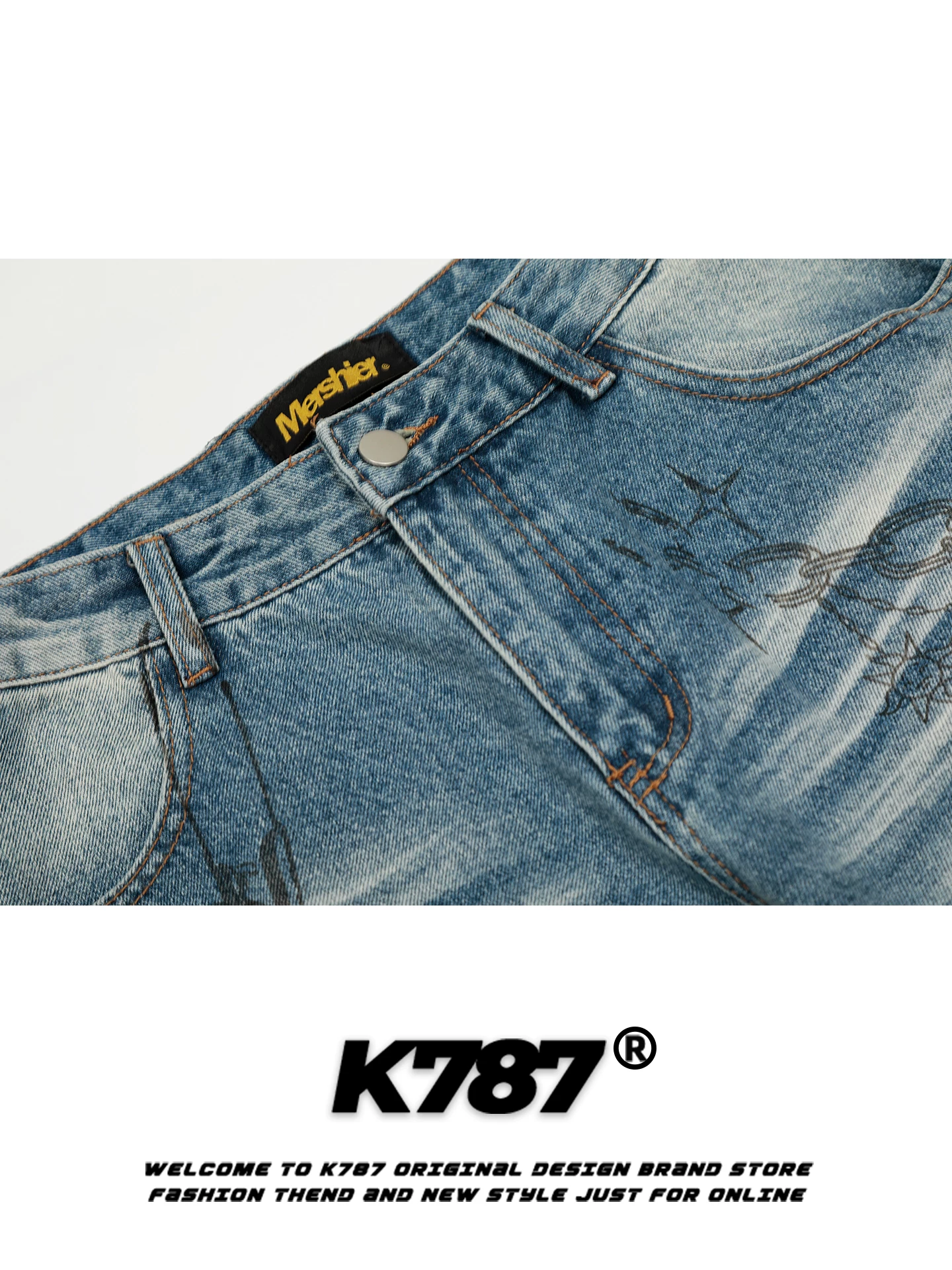 Quần jeans unisex K787 kiểu Mỹ cổ điển, in họa tiết graffiti vui nhộn, dáng rộng, cạp cao, ống rộng, phong cách casual.