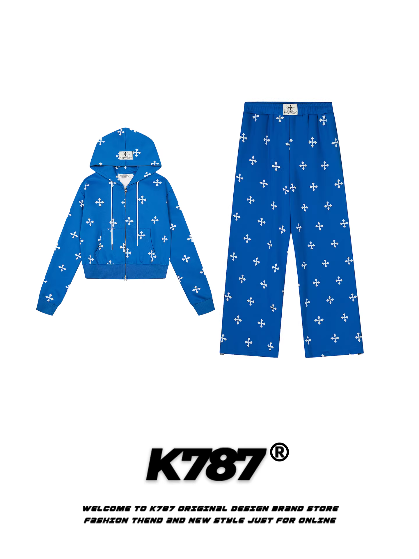 Áo hoodie ngắn màu xanh Klein K787 dành cho nữ, quần thể thao ống rộng dáng thẳng, phong cách thể thao trẻ trung, năng động