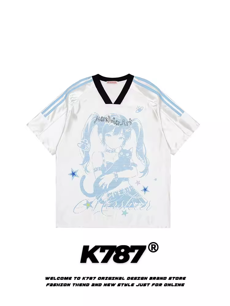K787 Áo thun ngắn tay hoạt hình hai chiều phong cách đường phố Mỹ dành cho nam và nữ, áo thể thao subculture, áo sọc rộng