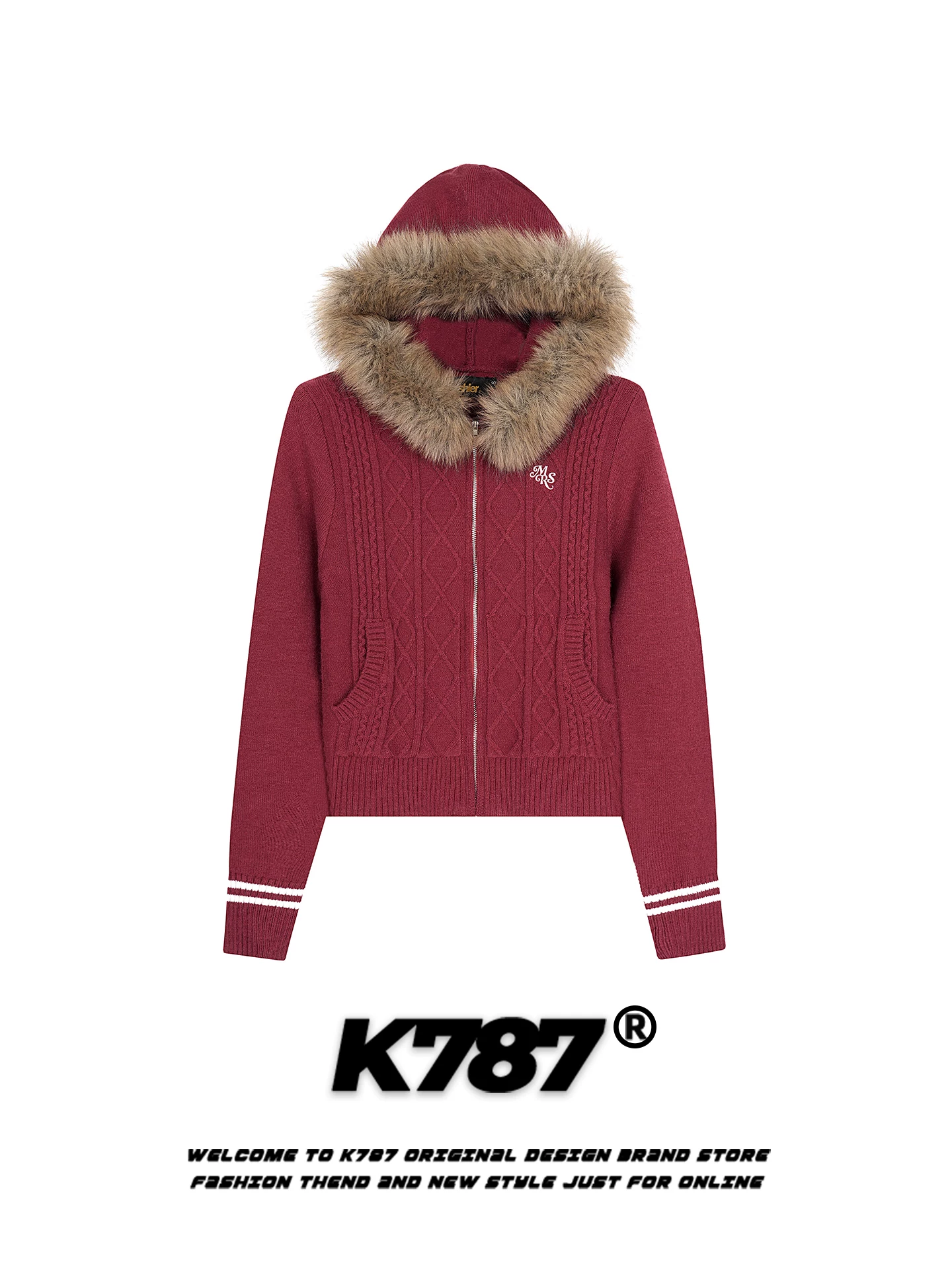 K787 Áo len có mũ trùm đầu có cổ lông lớn kiểu cổ điển của Mỹ dành cho nữ, dáng ôm vừa vặn, phong cách lười biếng, áo len có khóa kéo ấm áp