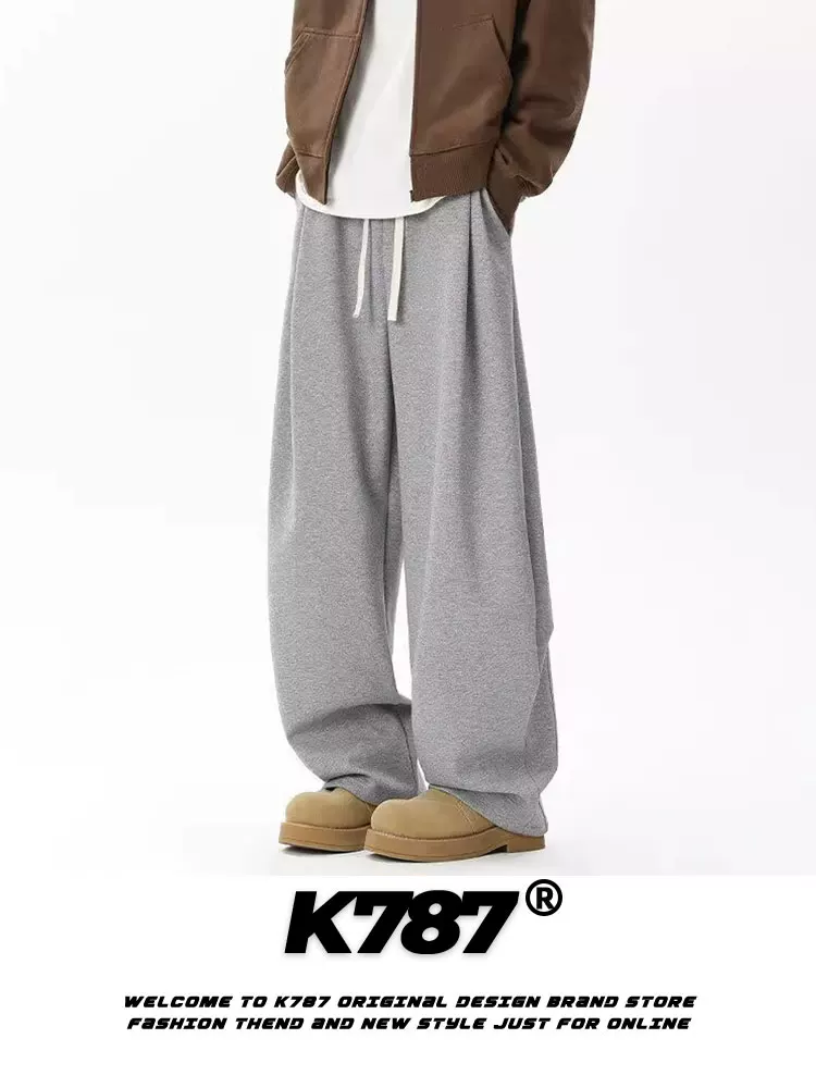 K787 Quần xếp ly kiểu Mỹ cổ điển Angora màu đỏ kiểu dáng oversized hip-hop khiêu vũ đường phố thể thao quần thẳng thông thường