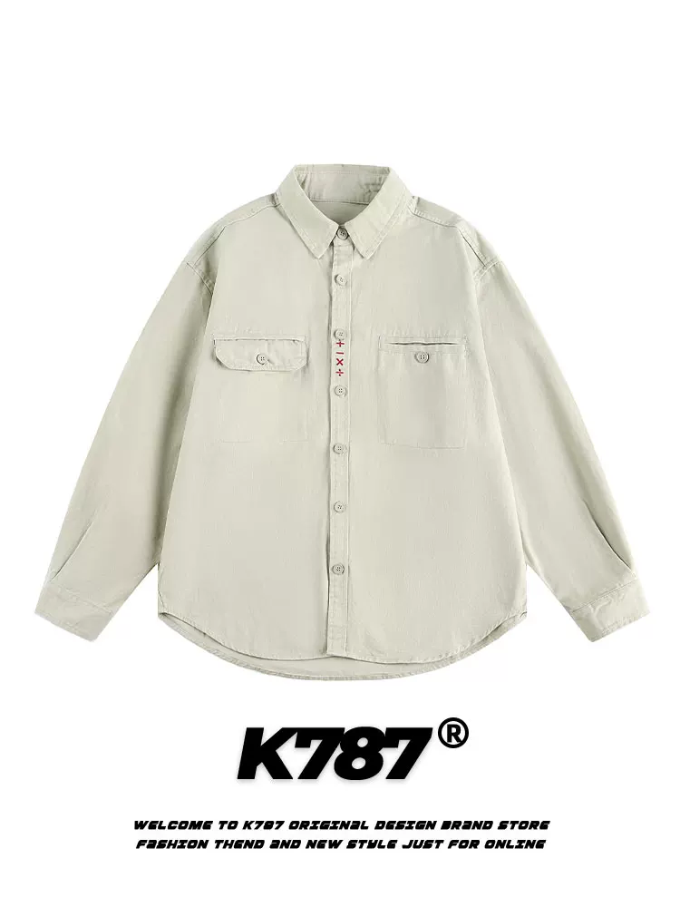 K787 Áo sơ mi công sở dài tay thêu đơn giản theo phong cách retro của Mỹ unisex cleanfit áo sơ mi dáng rộng giản dị áo khoác