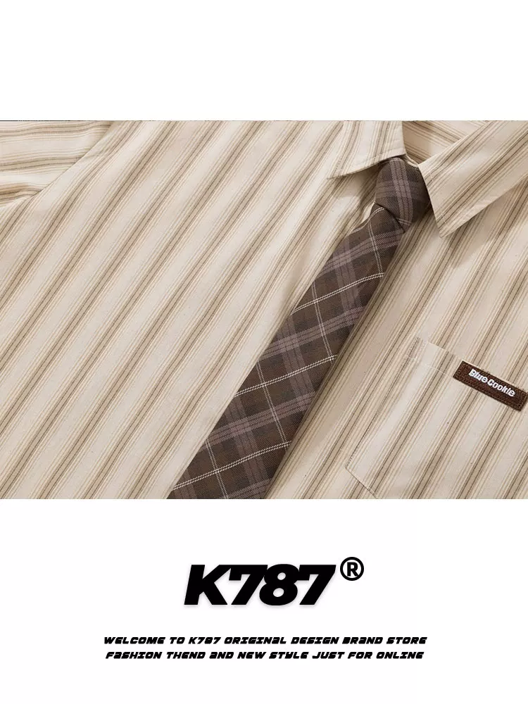 Áo sơ mi ngắn tay kẻ sọc phong cách retro Mỹ K787, unisex, đa năng, dáng rộng, kiểu áo công sở, mùa hè 2025, áo đôi