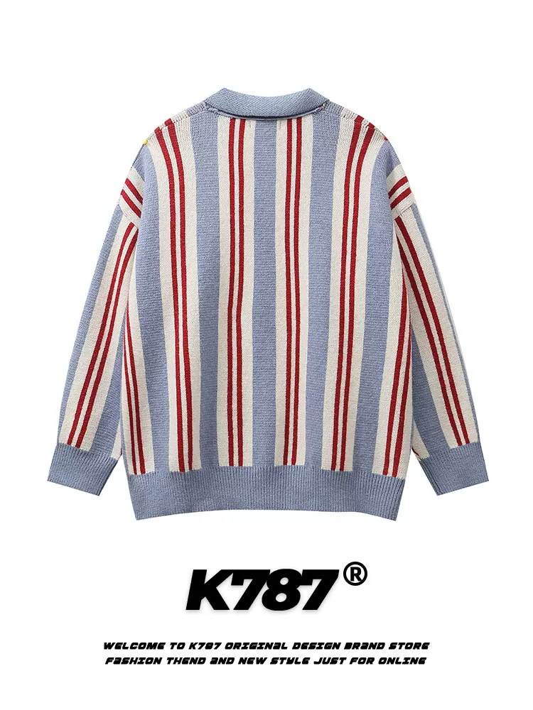 Áo len dệt kim thêu mèo sọc cổ điển kiểu Trung Quốc K787, unisex, đa năng, kiểu dáng đường phố, cổ POLO