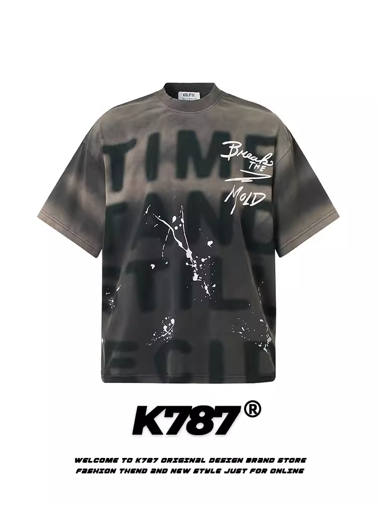 K787 Áo thun ngắn tay họa tiết graffiti phong cách retro Mỹ dành cho nam và nữ áo thun quá khổ áo thun hip-hop dành cho cặp đôi
