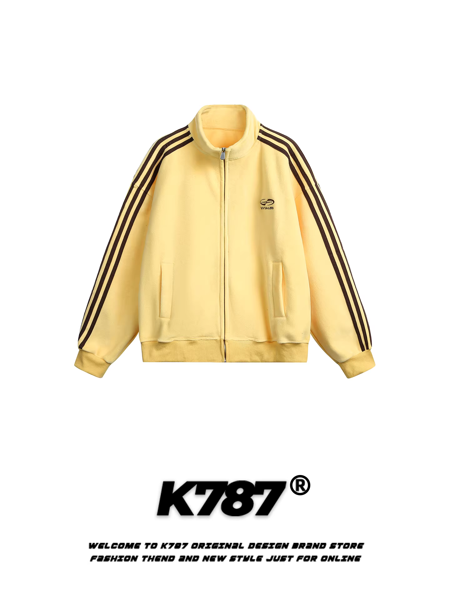 Áo khoác cổ đứng ba sọc kiểu Mỹ cổ điển K787 dành cho nam và nữ, áo khoác cặp đôi thêu ấm áp, kiểu dáng rộng rãi, hợp thời trang