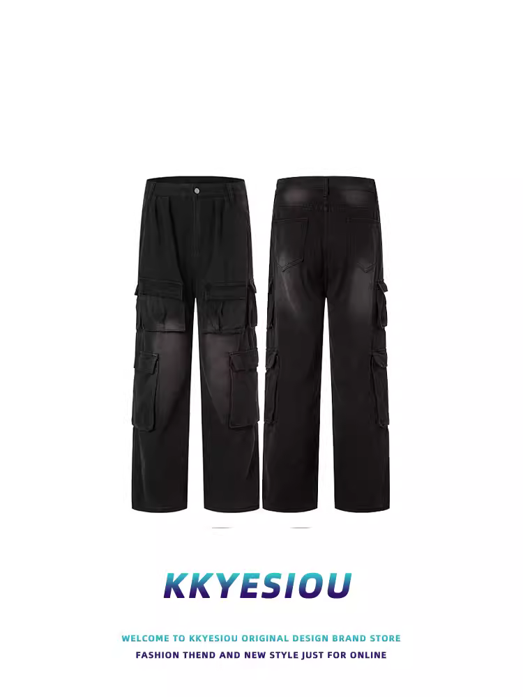 Quần ống đứng đa túi phong cách retro Mỹ, thương hiệu KKyesiou, unisex, dáng rộng, màu đen