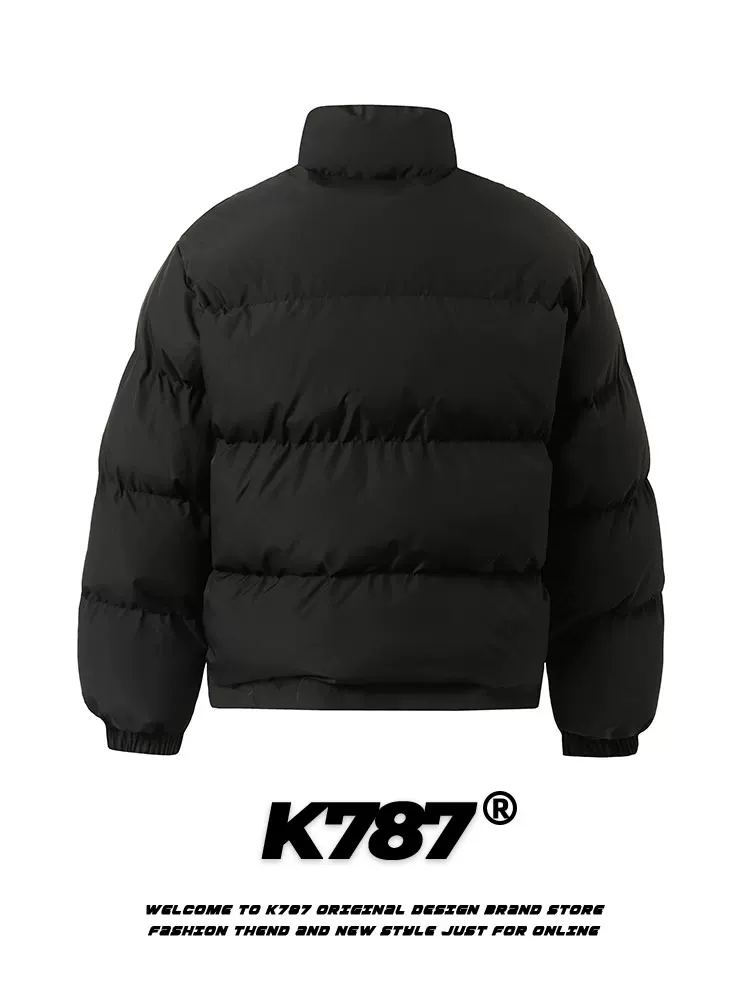 Áo khoác cotton dày kẻ caro cổ đứng thêu kiểu Mỹ cổ điển K787 dành cho nam và nữ, áo khoác cotton cặp đôi phong cách đường phố màu trơn cá tính