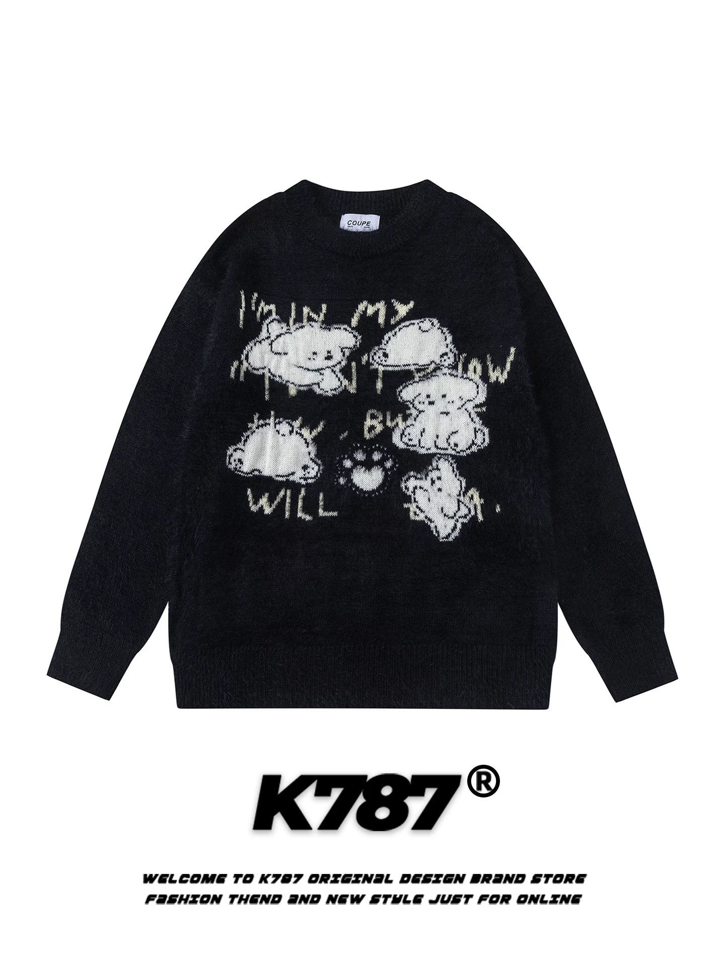 Áo len cổ tròn kiểu jacquard hình chú chó vui nhộn phong cách đại học Mỹ K787 dành cho nữ, kiểu dáng rộng rãi, thoải mái, ấm áp