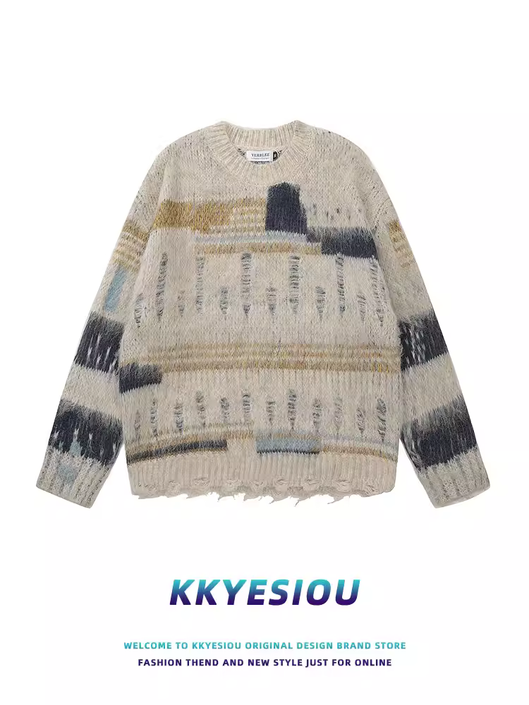 Áo len dệt kim màu phối phong cách retro Mỹ của KKyesiou dành cho nam và nữ, áo len cặp đôi đa năng phong cách dân tộc