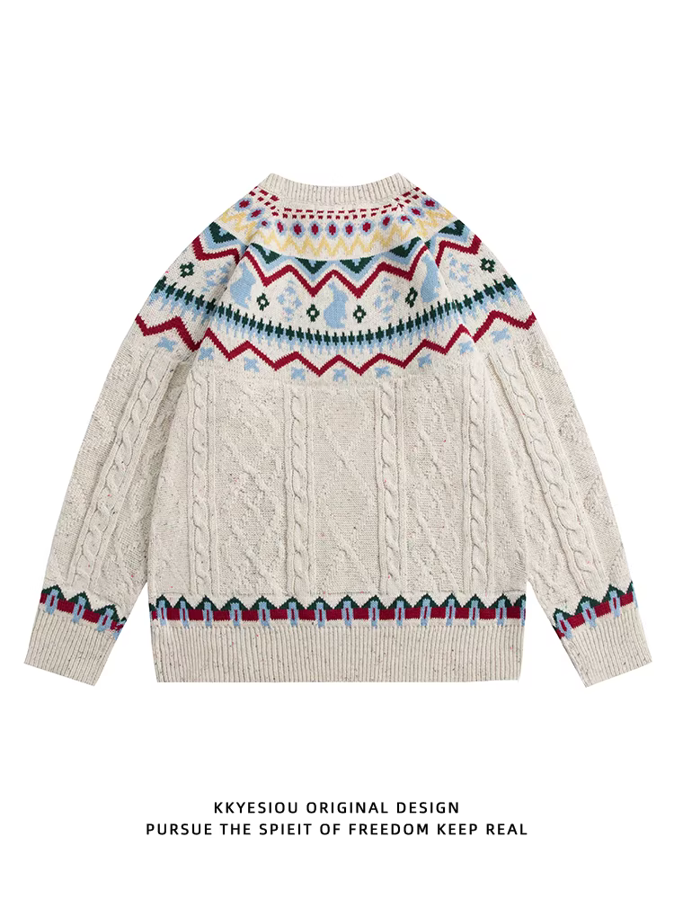 Áo len cặp đôi thỏ đỏ dễ thương mùa xuân KKyesiou2023, chất liệu jacquard, kiểu dáng casual, dành cho nam và nữ